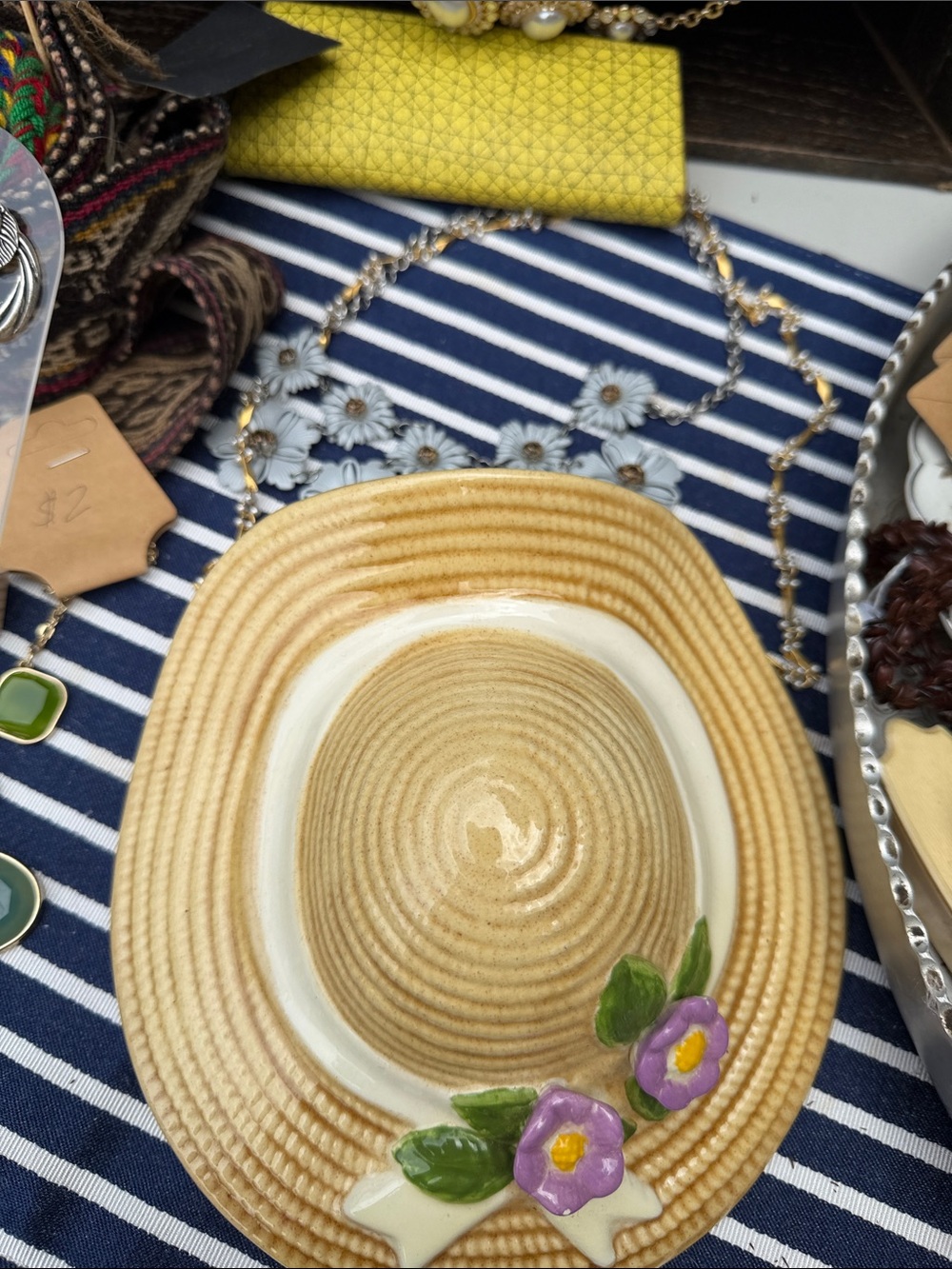 Ceramic Straw Hat Wall Accent with Purple Floral Detail